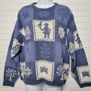 Vintage 1980 Cotton Sweater Novelty Colonial Patchwork Sz XL Shenandoah Cottage